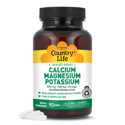 Country Life Target Mins - Calcium Magnesium Potassium Bone & Heart Health Supplement, 1000mg Calcium, 500mg Magnesium, Supports Calcium Utilization, 180 Tablets – Certified Gluten Free & Vegan