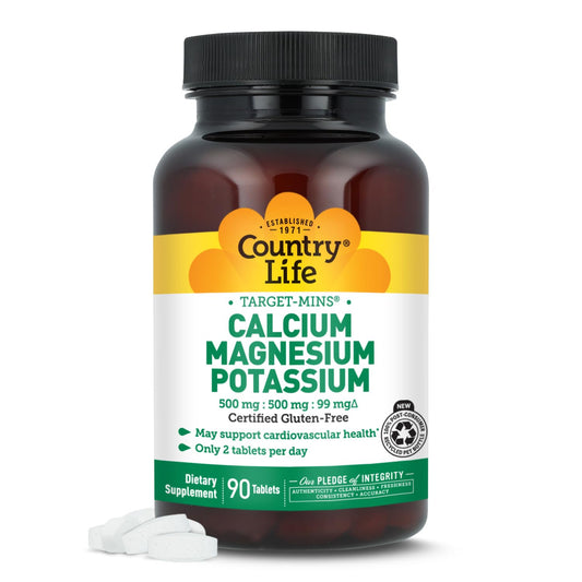 Country Life Target Mins - Calcium Magnesium Potassium Bone & Heart Health Supplement, 1000mg Calcium, 500mg Magnesium, Supports Calcium Utilization, 180 Tablets – Certified Gluten Free & Vegan
