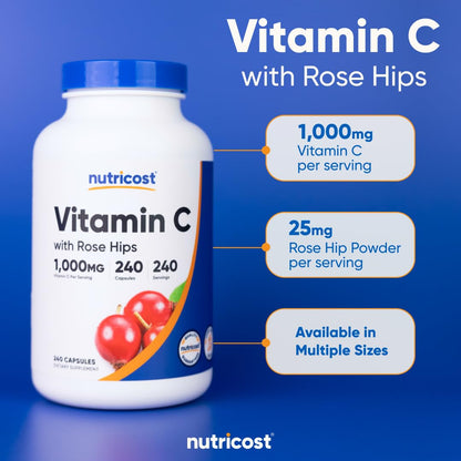 Nutricost Vitamin C with Rose Hips 1025mg, 240 Capsules, Gluten Free | Vitamin C 1,000mg, Rose Hips 25mg, GMO-Free