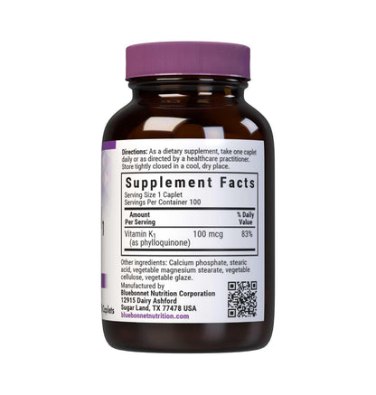 Bluebonnet Vitamin K1 100 mcg Supports Bone Health - Phylloquinone Crystalline Vitamin K Supplement - Non-GMO, Kosher Certified, Gluten-Free, Dairy-Free - 100 Vegan Caplets