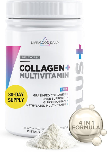 Livingood Daily Collagen Powder for Women and Men, Vanilla, Grass Fed Protein, Hydrolyzed Collagen Peptides with Vitamin C & Multi Vitamins for Hair, Skin, Nail & Gut Health, Gluten Free, 30 Servings