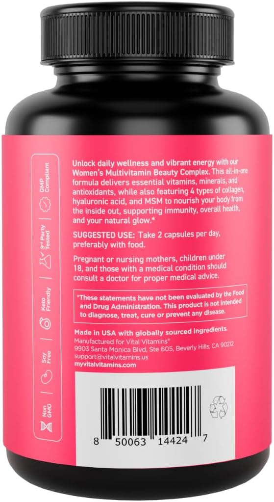 Vital Vitamins Women's Multivitamin Complex with Collagen & Hyaluronic Acid | 25 Vitamins and Minerals, Multi-Collagen Blend, Hyaluronic Acid & MSM for Hair, Skin & Nails, 60 Capsules