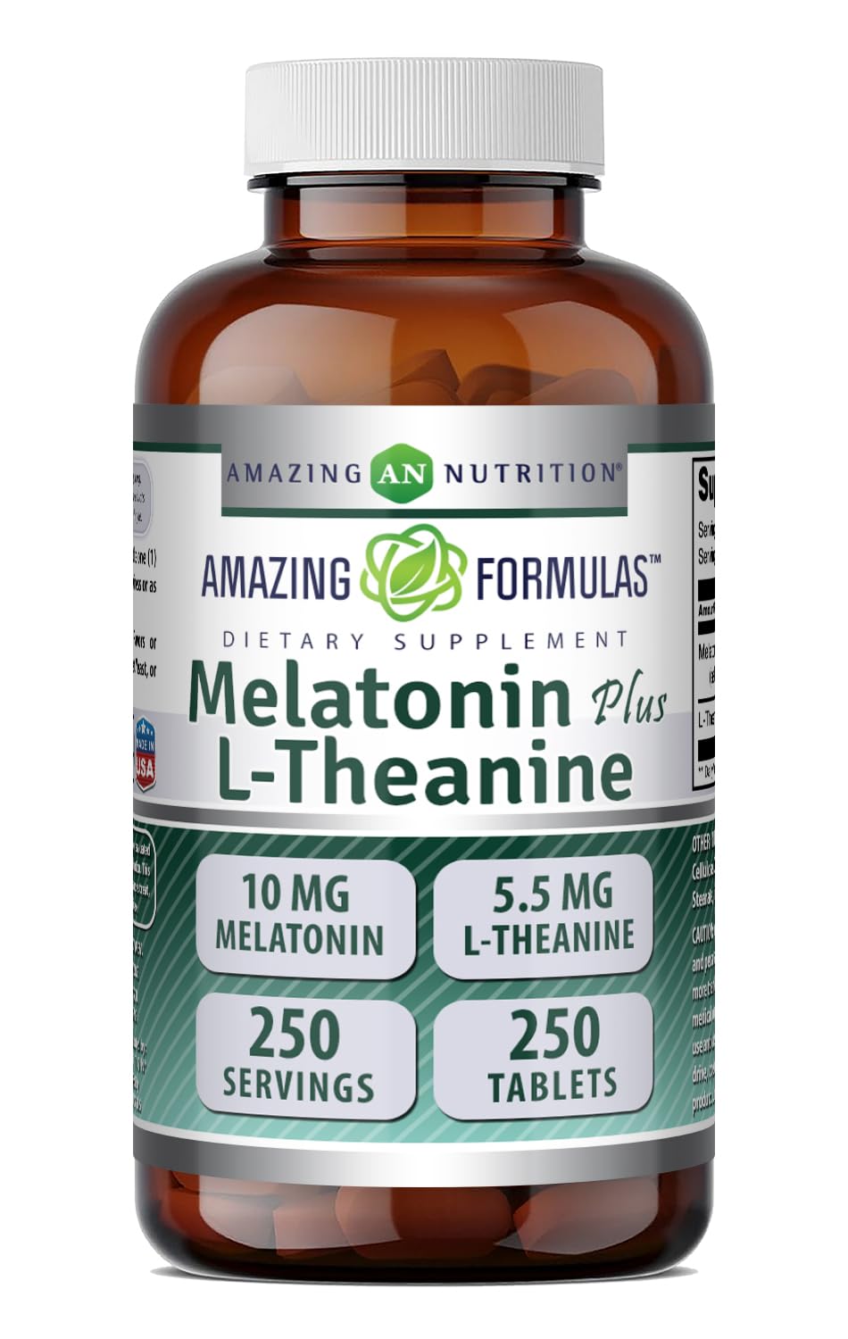 Amazing Formulas Melatonin 10 Mg Plus L-Theanine 5.5 Mg Supplement | Tablets | Non-GMO | Gluten Free | Made in USA | (1 Pack, 120 Tablets)