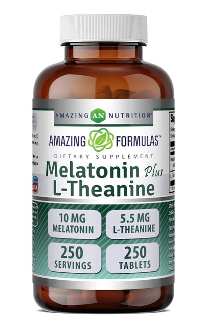Amazing Formulas Melatonin 10 Mg Plus L-Theanine 5.5 Mg Supplement | Tablets | Non-GMO | Gluten Free | Made in USA | (1 Pack, 120 Tablets)