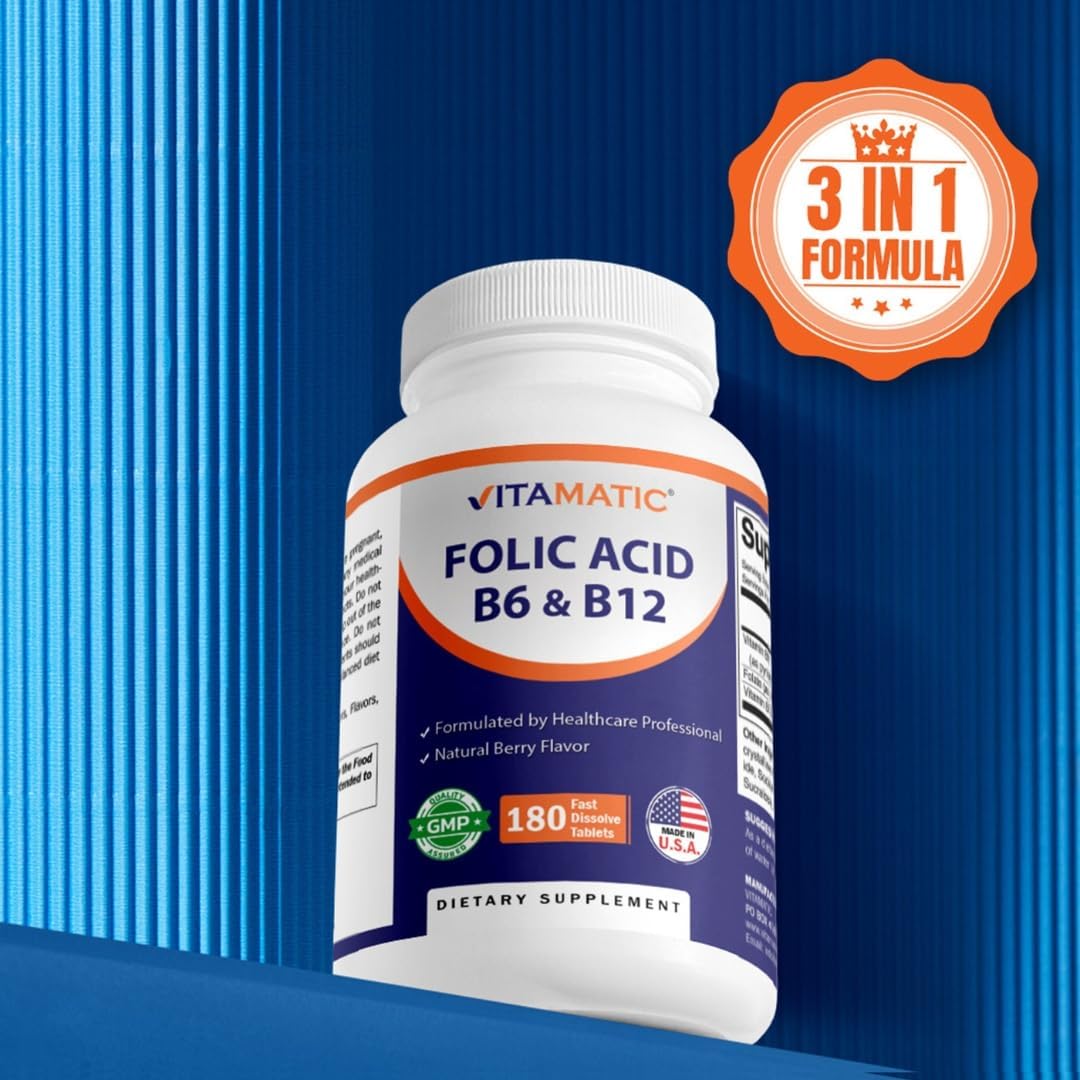 Vitamatic Folic Acid, Vitamin B12 & B6 – 180 Fast Dissolve Tablets Heart Health, Energy Production & Red Blood Cell Support