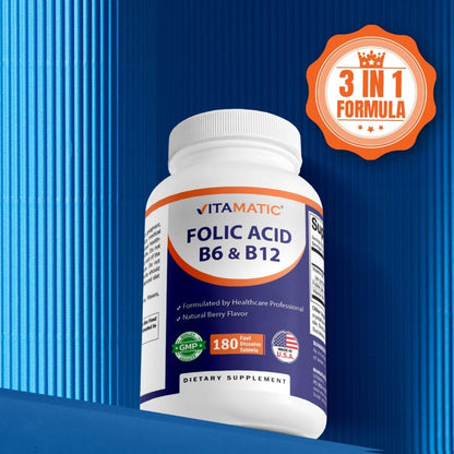 Vitamatic Folic Acid, Vitamin B12 & B6 – 180 Fast Dissolve Tablets Heart Health, Energy Production & Red Blood Cell Support