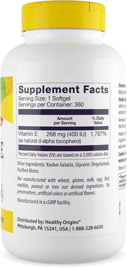 Healthy Origins Vitamin E 400 IU, Natural Mixed Tocopherols, 90 Softgels