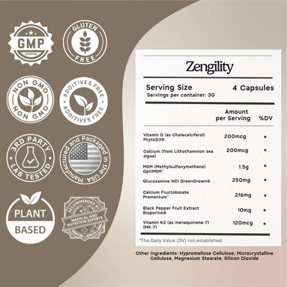 Zen Principle Zengility™ Joint Support & Bone Strength Supplement – Fast-Acting Relief with MSM, Plant Calcium, Vitamin K2 & D3. Shellfish-Free Vegan Formula for Mobility & Comfort. 240 Capsules