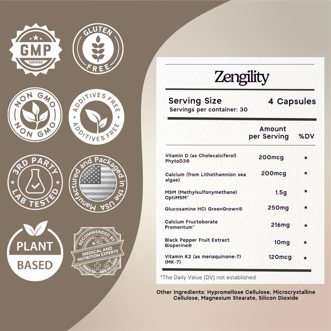 Zen Principle Zengility™ Joint Support & Bone Strength Supplement – Fast-Acting Relief with MSM, Plant Calcium, Vitamin K2 & D3. Shellfish-Free Vegan Formula for Mobility & Comfort. 240 Capsules