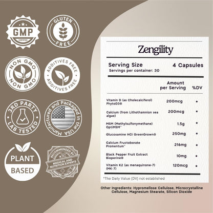 Zen Principle Zengility™ Joint Support & Bone Strength Supplement – Fast-Acting Relief with MSM, Plant Calcium, Vitamin K2 & D3. Shellfish-Free Vegan Formula for Mobility & Comfort. 240 Capsules