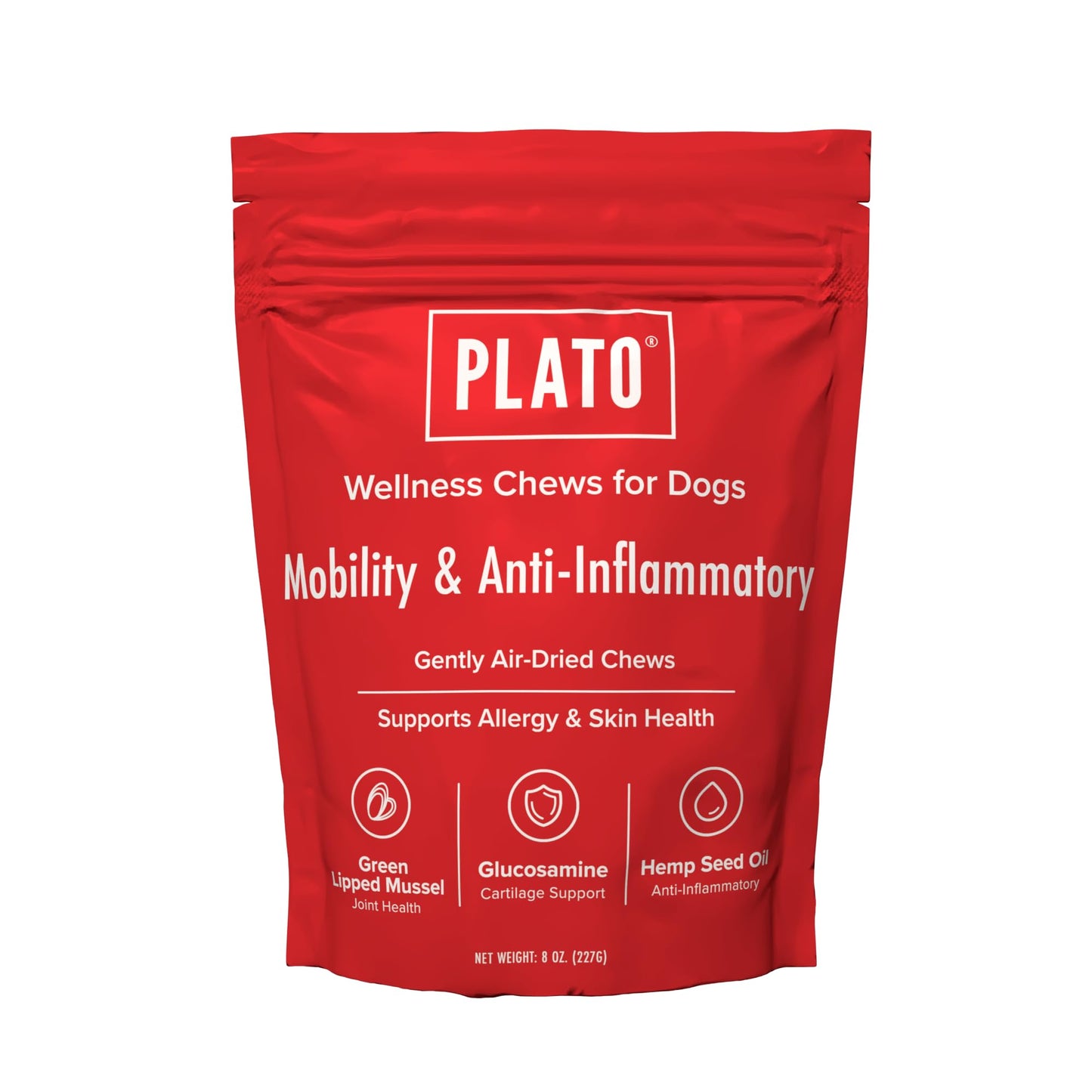 PLATO Pet Treats Air-Dried Wellness Chews for Dogs – Functional Dog Chews – Supports Mobility & Joint Health – Green-Lipped Mussel, Glucosamine & Hemp Seed Oil Recipe 16oz