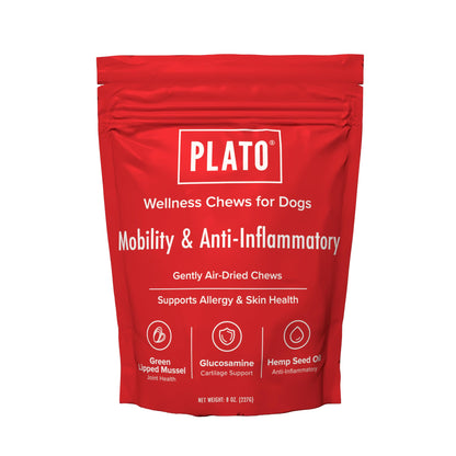 PLATO Pet Treats Air-Dried Wellness Chews for Dogs – Functional Dog Chews – Supports Mobility & Joint Health – Green-Lipped Mussel, Glucosamine & Hemp Seed Oil Recipe 16oz