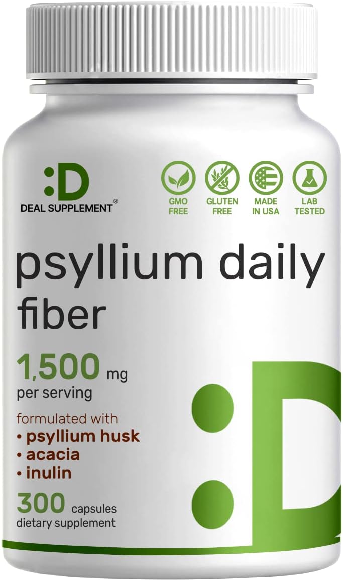 Psyllium Husk 1500mg Per Serving, 300 Capsules – 3 in 1 Fiber Supplement with Inulin & Acacia Complex – Natural Soluble Fiber, Supports Digestive Health* – Plant Based, Non-GMO