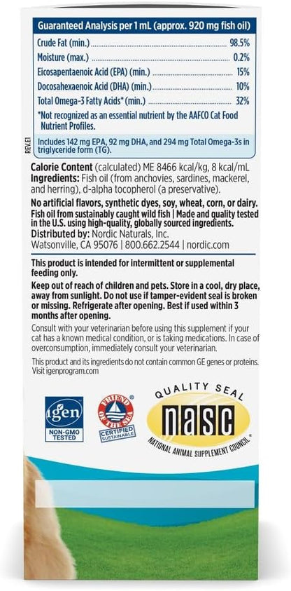 Nordic Naturals Omega-3 Fish Oil for Cats, w/EPA & DHA, Liquid - 2oz | 304mg Omega-3 per mL for healthy skin & coat. Reduces shedding, improves shine. Easy liquid format mixes with food. Non-GMO