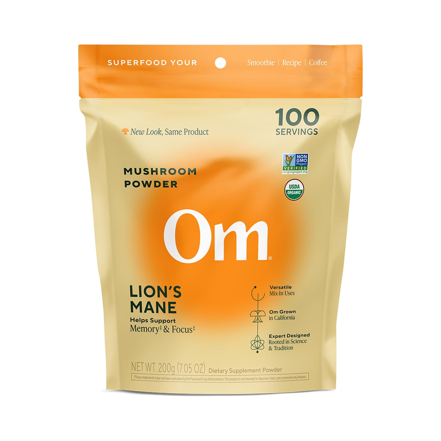 Om Lion’s Mane Mushroom Powder - Organic Mushroom Supplement and Nootropic - Support Memory, Focus and Nerve Health, 7.05 oz (100 Servings)