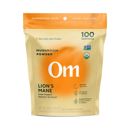 Om Lion’s Mane Mushroom Powder - Organic Mushroom Supplement and Nootropic - Support Memory, Focus and Nerve Health, 7.05 oz (100 Servings)