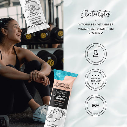 Earth's Splendor Electrolytes Powder Packets Sugar Free White Peach Hydration Sticks with Essential Vitamins for Energy & Sports Performance Travel-Friendly Single-Serve Packets for Daily Use 10 Pack
