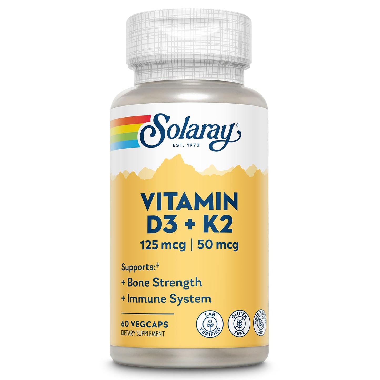 SOLARAY Vitamin D3 K2 - Bone Health and Immune Support Supplement - With 5000 IU Vitamin D as Vit D3 and 50 mcg Vitamin K2 as Menoquinone MK7, Made Without Soy, 60-Day Guarantee, 120 Serv, 120 VegCaps