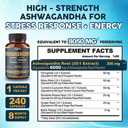 240 Capsules - 8 Month Supply - 7in1 Ashwagandha 8050mg - Combined With Fenugreek