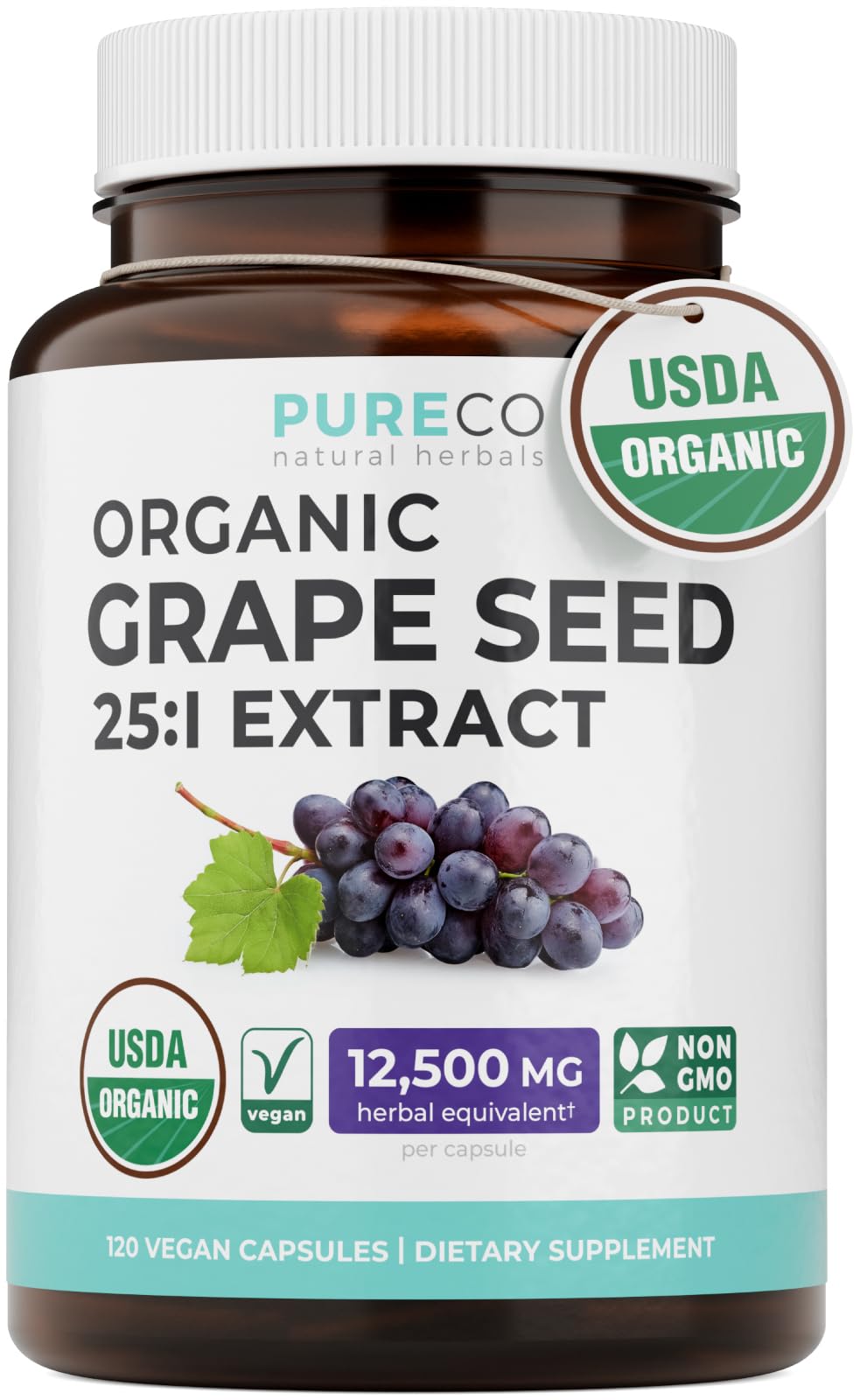 PURE CO USDA Organic Grape Seed Extract - High Potency 25:1 Grapeseed Supplement with 12,500mg Herbal Equivalent Strength - Antioxidant Support - Vegan & Non-GMO (4 Month Supply)