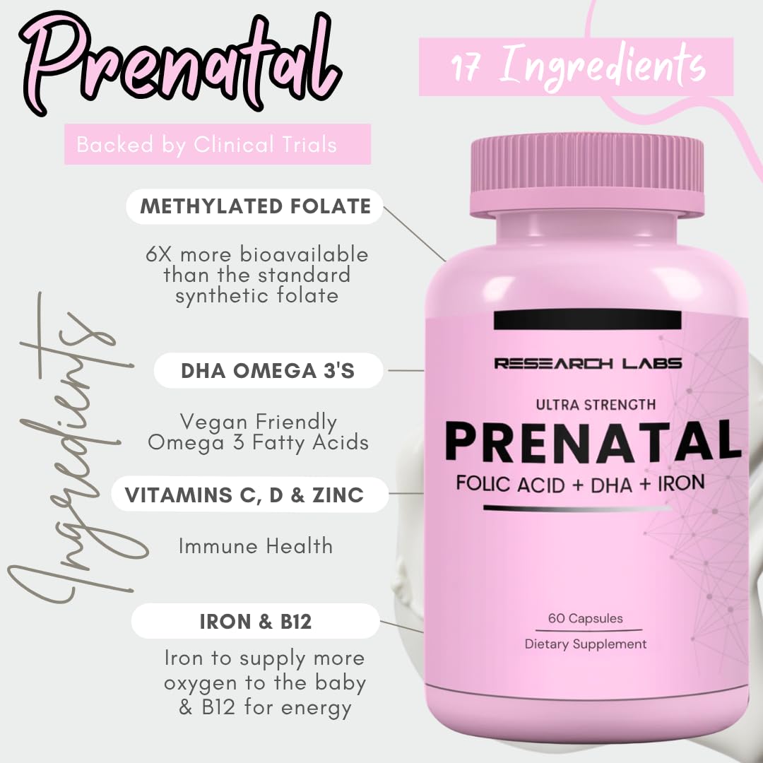 Research Labs Prenatal Vitamins for Women 2 Fer 1 Ad: 6X More Bioavailable Methylated Folate Folic Acid MTHF 5 | Supports Brain Development, Healthy Growth