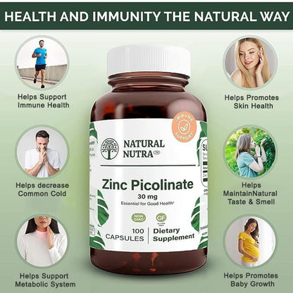 Natural Nutra Zinc Picolinate 30 mg, Double Strength, Raw and Pure, Highly Bioavailable Supplement for Growth and Immune Support, Helps Promote Skin Health, Helps Support Metabolic System 100 Capsules