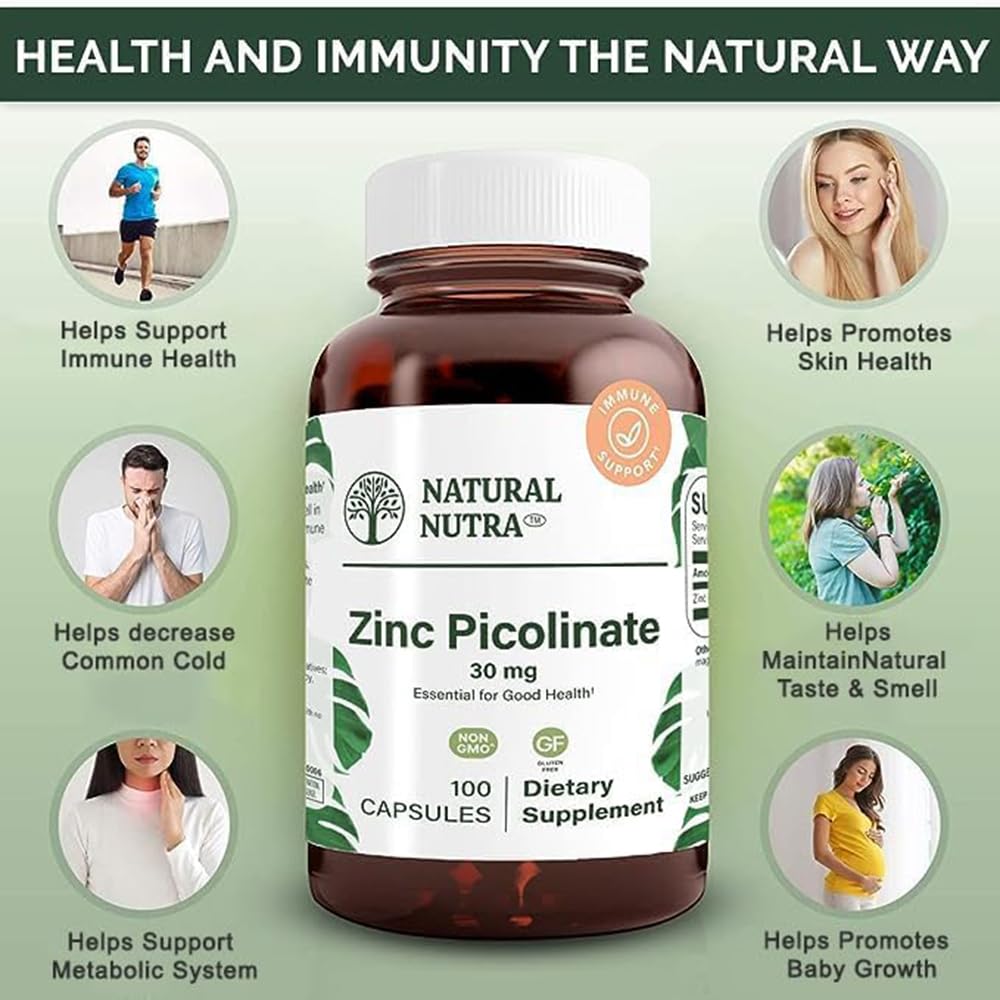 Natural Nutra Zinc Picolinate 30 mg, Double Strength, Raw and Pure, Highly Bioavailable Supplement for Growth and Immune Support, Helps Promote Skin Health, Helps Support Metabolic System 100 Capsules