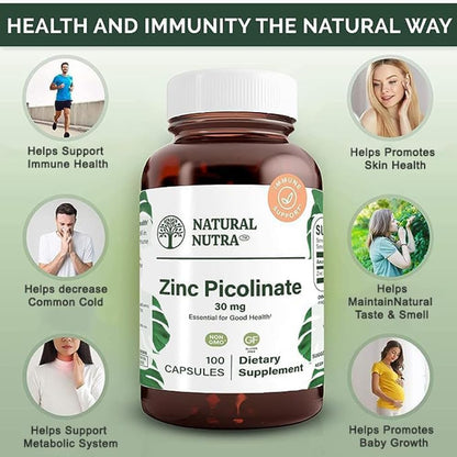 Natural Nutra Zinc Picolinate 30 mg, Double Strength, Raw and Pure, Highly Bioavailable Supplement for Growth and Immune Support, Helps Promote Skin Health, Helps Support Metabolic System 100 Capsules