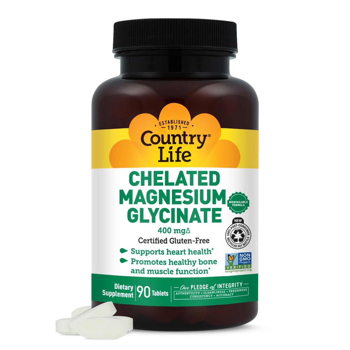 Country Life Chelated Magnesium Glycinate 400mg – High Absorption Magnesium Supplement for Muscle Relaxation, Energy, Bone & Immune Support – Gluten-Free, Vegan, Halal, Non-GMO Verified - 180 Tablets