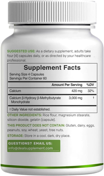 Ultra Strength HMB Supplements 3,000mg Per Serving, 240 Capsules | Third Party Tested | Supports Muscle Growth, Retention & Lean Muscle Mass | Fast Workout Recovery