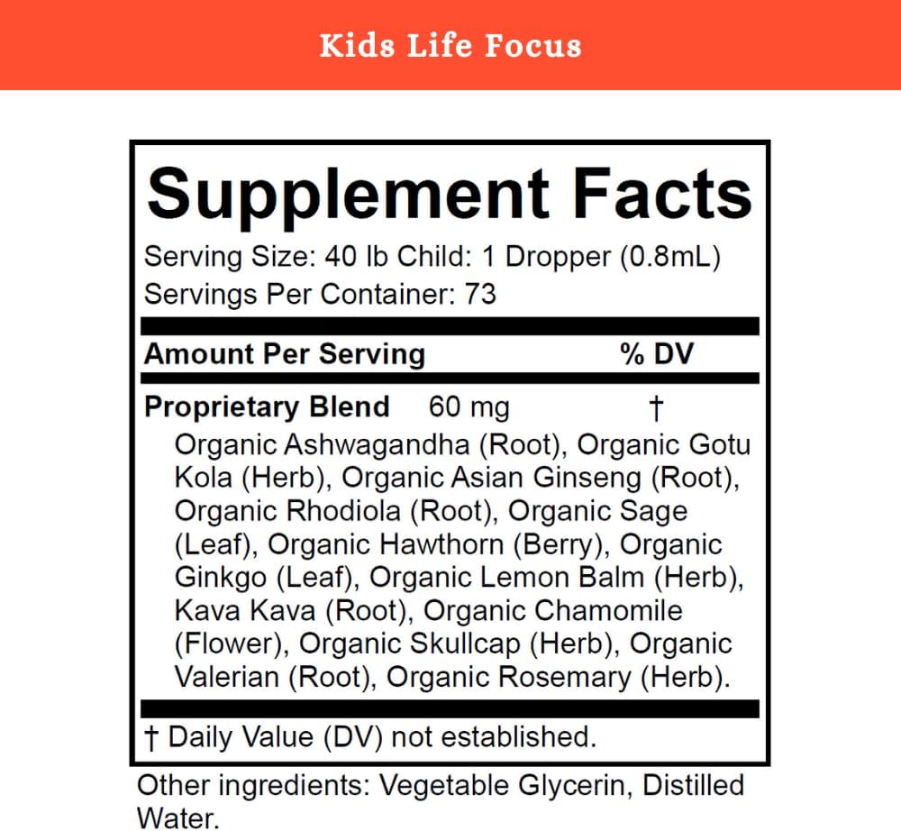 SPRIGS Kids Life Focus Supplement, 2 Fl Oz | Herbal Blend Tincture for Students to Support Concentration | Organic Herbs Ashwagandha & American Ginseng Root Help with Brain Function & Mental Clarity