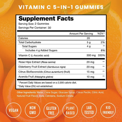 NutraChamps Vitamin C Gummies for Adults & Kids, 5-in-1 Immune System Support with Elderberry, Rosehips, Citrus Bioflavonoids & Acerola Cherry, Immunity Booster Supplement (Pack of 2)