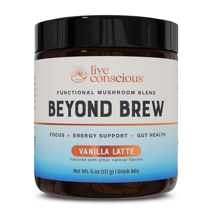Live Conscious Beyond Brew - Coffee Alternative - Low Caffeine - Mushroom Complex w/Lion’s Mane, Reishi, Cordyceps & Chaga for Sustained Focus, Energy & Immunity - w/Prebiotics & Probiotics - 30
