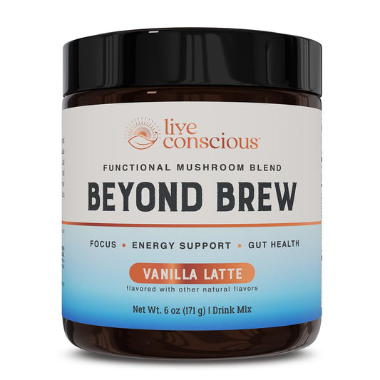 Live Conscious Beyond Brew - Coffee Alternative - Low Caffeine - Mushroom Complex w/Lion’s Mane, Reishi, Cordyceps & Chaga for Sustained Focus, Energy & Immunity - w/Prebiotics & Probiotics - 30
