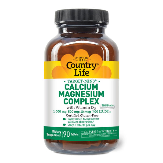Country Life Target-Mins Calcium Magnesium with Vitamin D-Complex, 1000mg/500mg/10mcg, 240 Vegan Capsules, Certified Gluten Free, Certified Vegan