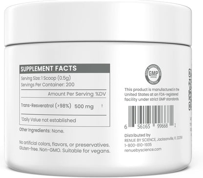Renue By Science Resveratrol | High Strength Resveratrol Supplement | 100g Resveratrol Powder | Resveratrol 200 Day Supply | Non-GMO & Allergen Free | Manufactured in the USA Third-Party Tested