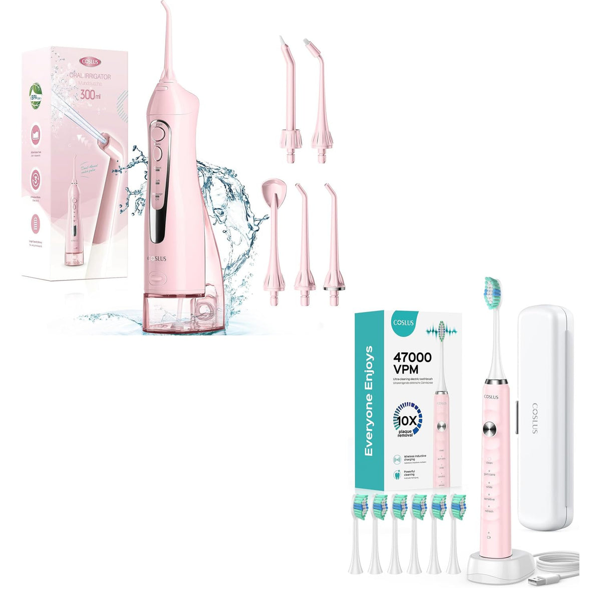 COSLUS Water Dental Flosser Teeth Pick: Portable Cordless Oral Irrigator 300ML Rechargeable and Electric Toothbrush for Adults Kids Wireless Rechargeable Tooth Brush