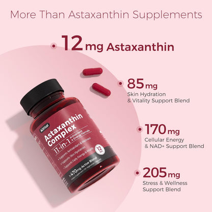 AiVital™ Astaxanthin 12mg, Natural Antioxidant Supplements from Microalgae | 11-in-1 Astaxanthin Complex for Energy, Skin & Eyes Support, Non-GMO, Gluten Free, 60 Capsules, 2-Month Supply