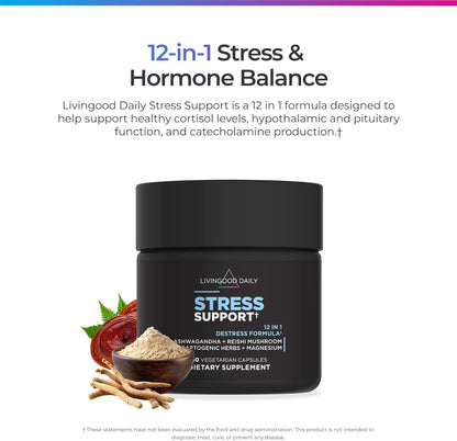 Livingood Daily Stress Support, 12-in-1 Supplement with Ashwagandha, Reishi Mushroom, Vitamin B6, Adaptogenic Herbs & Magnesium, Supports Mood & Calm, Gluten Free, Vegan, 60 Vegetarian Capsules