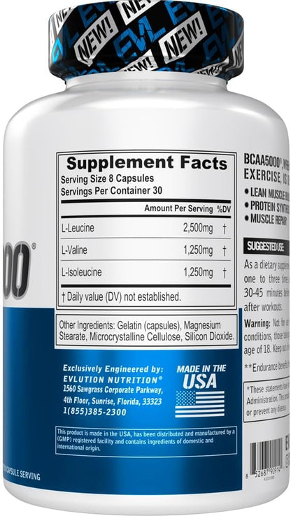 BCAAs Amino Acids Supplement for Men - EVL 2:1:1 5g BCAA Capsules for Post Workout Recovery and Lean Muscle Builder for Men - BCAA5000 Branched Chain Amino Acids Nutritional Supplement - 30 Servings