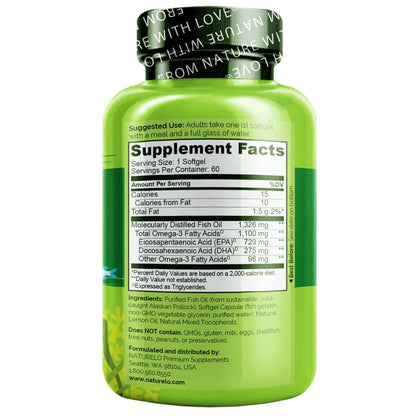 NATURELO Burpless Omega 3 Fish Oil Supplement - 1100mg Triglyceride Omega-3, EPA + DHA, Liquid Fish Oil for Heart, Eye, Brain, Joint Health - 120 Softgels, 4 Months Supply