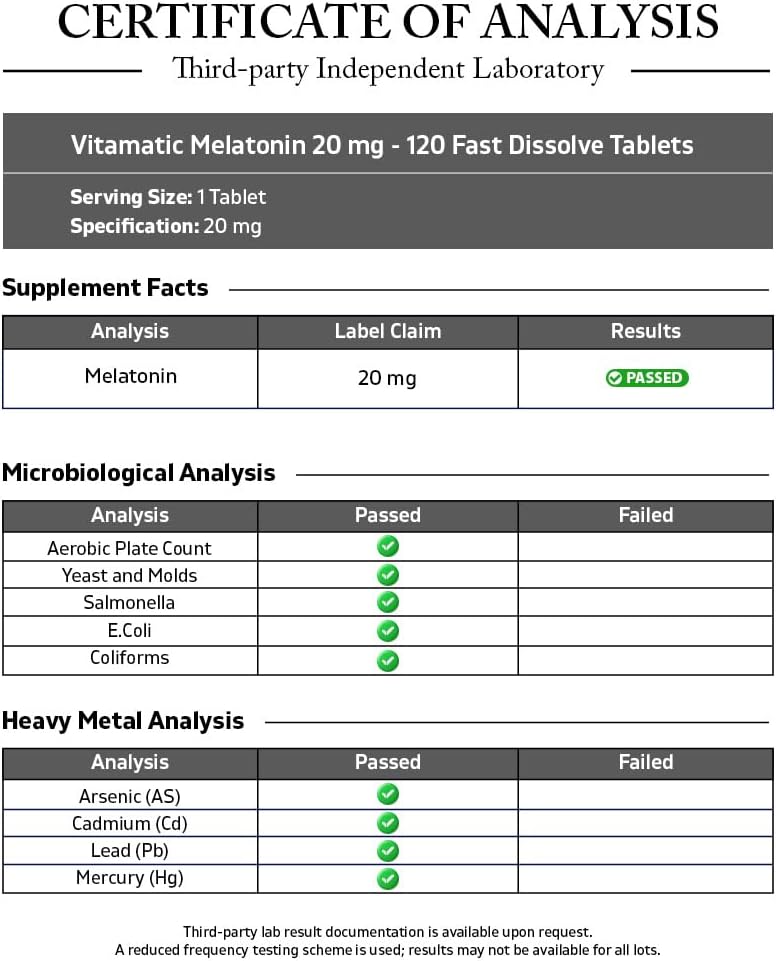 Vitamatic Melatonin 20 mg Fast Dissolve Tablets, 120 Count, Made in USA | Support Restful Sleep & Healthy Sleep Cycles*, Non GMO, Gluten Free
