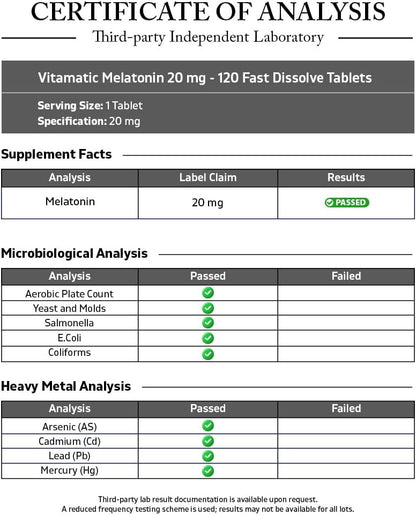 Vitamatic Melatonin 20 mg Fast Dissolve Tablets, 120 Count, Made in USA | Support Restful Sleep & Healthy Sleep Cycles*, Non GMO, Gluten Free