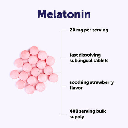 Micro Ingredients Melatonin 20mg, 400 Tablets | Strawberry Flavor | Fast Dissolve | 100% Drug Free | Vegetarian Friendly | Non-GMO, No Gluten, Sugar Free
