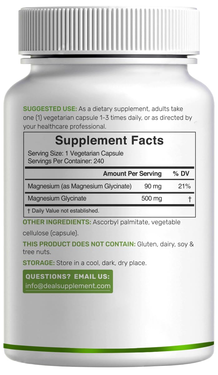 Deal Supplement Magnesium Glycinate 500mg, 240 Veggie Capsules | 100% Chelated for Easy Absorption | Essential Mineral Supplement | Non-GMO, Gluten-Free