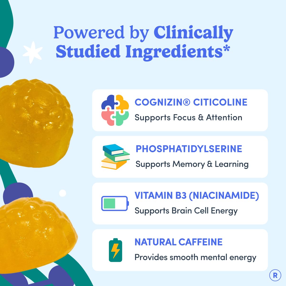 Teen Focus Gummies with Cognizin Citicoline, PS & Vitamin B3 for Ages 13-18