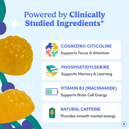 Teen Focus Gummies with Cognizin Citicoline, PS & Vitamin B3 for Ages 13-18