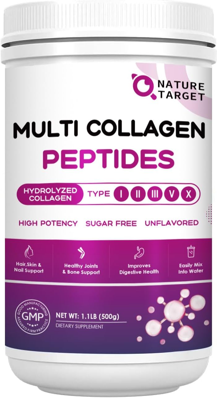 NATURE TARGET Multi Collagen Peptides Powder, 50 Servings | Type I, II, III, V, X, Hydrolyzed Collagen Peptides with Vitamin C, Hyaluronic Acid, Supports Skin Hair Nail & Joint, Non-GMO