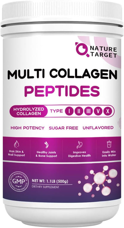 NATURE TARGET Multi Collagen Peptides Powder, 50 Servings | Type I, II, III, V, X, Hydrolyzed Collagen Peptides with Vitamin C, Hyaluronic Acid, Supports Skin Hair Nail & Joint, Non-GMO