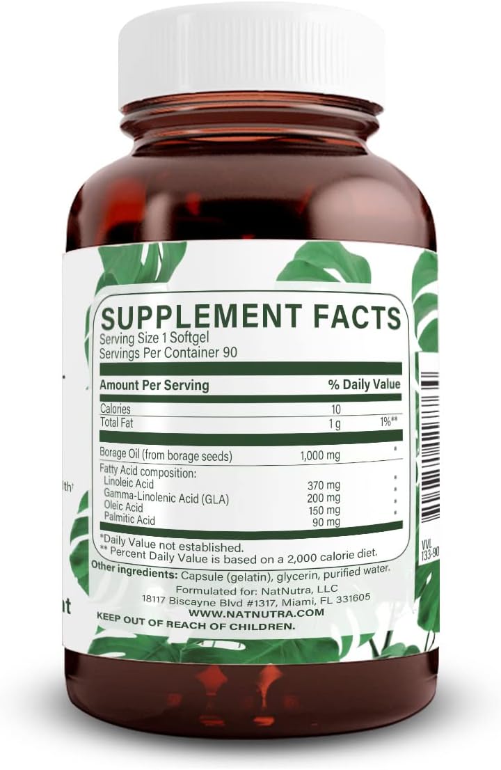 Natural Borage Oil Supplement, Omega-6 Fatty Acid, 90 Softgels | Rich in gamma-linolenic acid (GLA), Supporting Skin, Nerve, & Joint Health